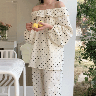 도트도트 땡땡이 여성잠옷 긴팔 원피스 파자마 상하세트 홈웨어 3type