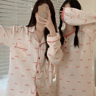 [가성비좋아요] 핑크리본 여성잠옷 면 넉넉한 원피스 파자마 잠옷 상하세트 2type