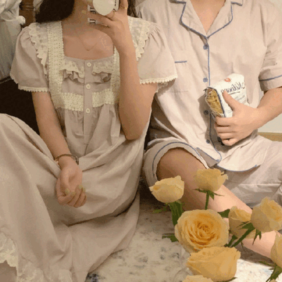 [ 주문폭주/재입고 ]레이스커튼콜 신혼부부 커플 여름 반팔 잠옷 세트 파자마 원피스 홈웨어 2color