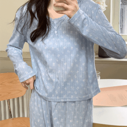 하리젤리 라운드 블루 긴팔 여성잠옷 파자마 홈웨어