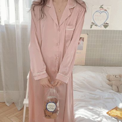 여성잠옷 실키 핑크 페미닌 원피스 잠옷 파자마 홈웨어 2type