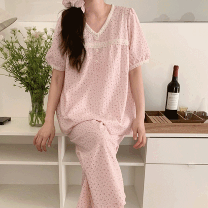 밀키플라워 키튼시리즈 시원한 반팔 여자 잠옷세트 원피스 파자마 홈웨어 2color